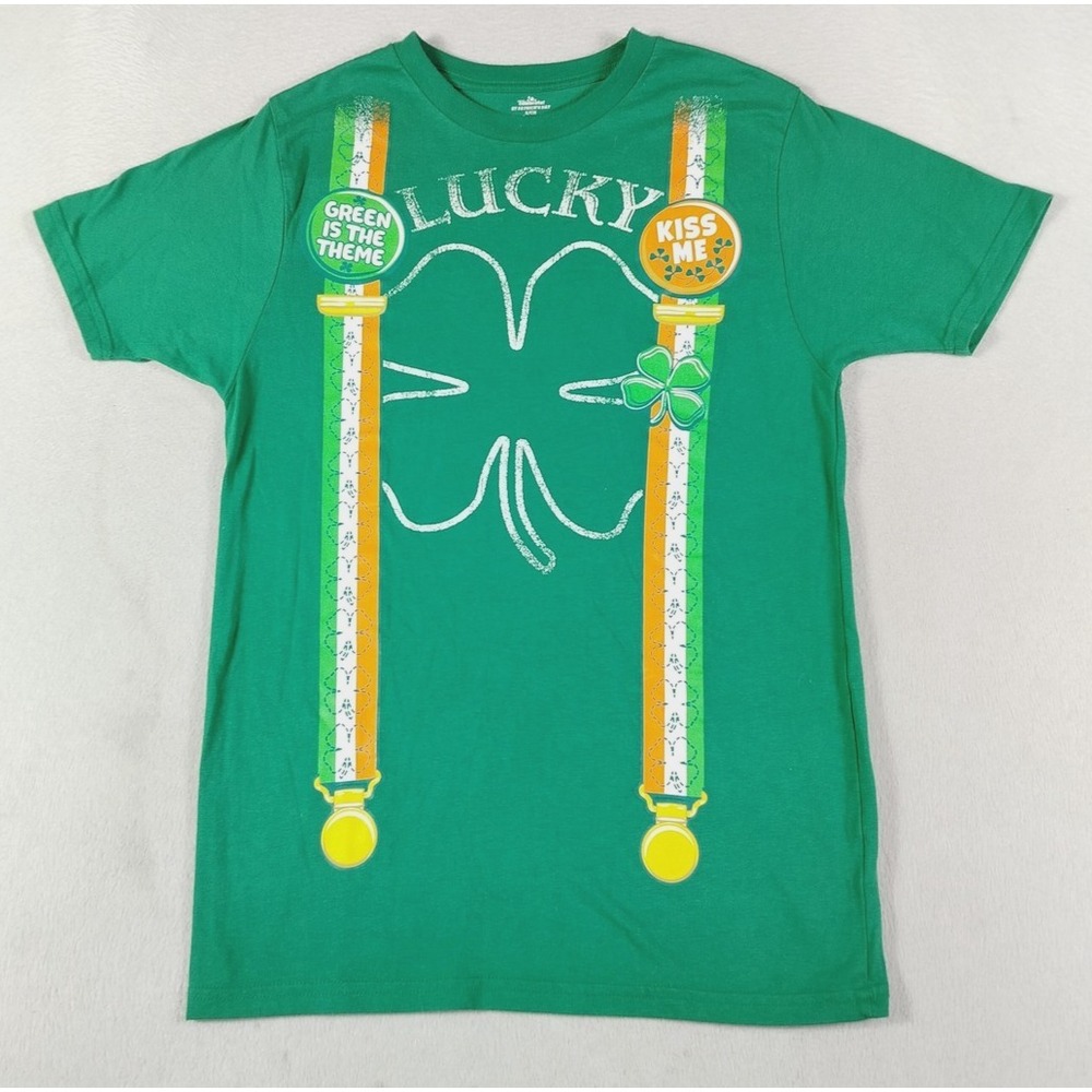 Way To Celebrate! Shirt Mens Small Green Lucky Shamrock Suspenders Tee St Pattys